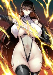 Rule 34 | 1girl, breasts, fire, haganef, huge breasts, sakuya kurogane, solo, sword, weapon
