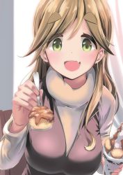 Rule 34 | 1girl, :d, blonde hair, breasts, commentary, fang, feeding, food, green eyes, highres, holding, ice cream, incoming food, inuyama aoi, large breasts, long hair, n2midori, open mouth, pov, skin fang, smile, solo, spoon, thick eyebrows, upper body, yurucamp