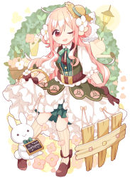 Rule 34 | 1girl, :d, ankle strap, basket, belt, blush, bow, bowtie, double bun, dress, fence, flower, frilled dress, frills, gloves, hair bun, hair flower, hair ornament, hat, holding, holding sign, koguma105, lantern, layered dress, long hair, mini hat, neck ribbon, one eye closed, open mouth, original, pink eyes, pink hair, rabbit, ribbon, sign, skirt hold, smile, socks, solo, straw hat, striped clothes, striped socks, traditional bowtie, two side up, vertical-striped clothes, vertical-striped socks, very long hair, watering can, wreath