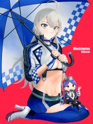 Rule 34 | 2girls, ahoge, blue choker, blue hair, blue skirt, blue thighhighs, breasts, character name, checkered clothes, choker, cleavage, closed mouth, cropped jacket, cup, food, grey eyes, grey hair, hair between eyes, headgear, highres, holding, holding cup, holding umbrella, jacket, kantai collection, large breasts, long hair, mini person, minigirl, miniskirt, mouth hold, multicolored hair, multiple girls, nidou, official alternate costume, race queen, red background, red hair, simple background, sitting, skirt, south dakota (kancolle), steam, streaked hair, thighhighs, umbrella, washington (kancolle), white hair