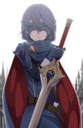 Rule 34 | 1girl, androgynous, armor, blue gloves, blue hair, cape, expressionless, fingerless gloves, fire emblem, fire emblem awakening, gloves, hair between eyes, hairband, highres, holding, long sleeves, lucina (fire emblem), marth (fire emblem awakening), mask, nintendo, reverse trap, shoulder armor, solo, pauldrons, spoilers, sword, takurowo, tiara, tunic, weapon