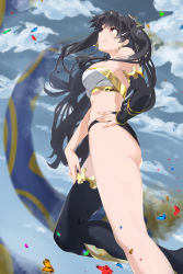 Rule 34 | 1girl, armlet, ass, asymmetrical legwear, asymmetrical sleeves, bare shoulders, black bow, black hair, black legwear, black sleeves, blue sky, bow, breasts, closed mouth, earrings, fate/grand order, fate (series), gem, gold trim, hair bow, hand on own hip, heavenly boat maanna, highres, hoop earrings, ishtar (fate), jewelry, large breasts, looking up, murio, neck ring, parted bangs, red eyes, sky, thighlet, thighs, tiara, two side up, uneven legwear, uneven sleeves, weapon