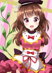 Rule 34 | 1girl, :d, apron, black bow, black hat, blush, bow, breasts, brown hair, collar, dress, green background, hat, hat bow, highres, looking at viewer, medium breasts, multicolored background, nishida satono, open mouth, pink background, pink dress, pink eyes, pink sleeves, plant, puffy short sleeves, puffy sleeves, red bow, ruu (tksymkw), short hair, short hair with long locks, short sleeves, smile, solo, tanabata, touhou, white apron, white bow, white collar