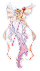 Rule 34 | 1990s (style), 1girl, absurdly long hair, artist name, bare shoulders, bishoujo senshi sailor moon, blonde hair, blue eyes, crescent, crescent facial mark, double bun, dress, facial mark, forehead mark, full body, highres, kaminary, long hair, neo queen serenity, princess serenity, retro artstyle, smile, solo, staff, strapless, strapless dress, tiara, tsukino usagi, twintails, very long hair, white background, white dress