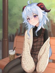 Rule 34 | 1girl, ahoge, alternate costume, bench, blue hair, casual, contemporary, cup, ganyu (genshin impact), genshin impact, highres, horns, long hair, looking at viewer, looking to the side, outdoors, purple eyes, sidelocks, sitting, smile, solo, thighs, vickie (cryingrobot)