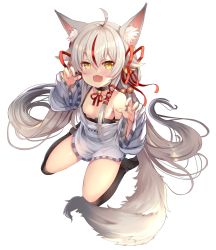 Rule 34 | 1girl, :d, absurdres, ahoge, animal ear fluff, animal ears, bell, black thighhighs, breasts, brown eyes, choker, claw pose, clothes writing, collarbone, commentary, english commentary, fangs, fox ears, fox tail, full body, hair bell, hair between eyes, hair censor, hair ornament, hair ribbon, highres, indie virtual youtuber, kamiko kana, long hair, looking at viewer, multicolored hair, neck bell, nipple slip, nipples, open mouth, over-kneehighs, red hair, red ribbon, ribbon, see-through, shirt, silver hair, simple background, sitting, skin fangs, sleeves past wrists, small breasts, smile, solo, strap slip, streaked hair, tail, thighhighs, tress ribbon, very long hair, virtual youtuber, white background, xephonia