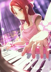 Rule 34 | 1girl, absurdres, artist name, blush, bow, breasts, brown eyes, brown hair, collarbone, dress, female focus, hair bow, highres, instrument, jewelry, long hair, looking at viewer, love live!, love live! school idol festival, love live! sunshine!!, medium breasts, nail polish, nails, necklace, parted lips, pearl necklace, piano, pink bow, pink dress, pink nails, pink scrunchie, pink skirt, polka dot, polka dot scrunchie, puffy short sleeves, puffy sleeves, red hair, sakurauchi riko, scrunchie, short sleeves, sitting, skirt, smile, solo, sweatdrop, white bow, wrist scrunchie, yaa-kun, yellow eyes