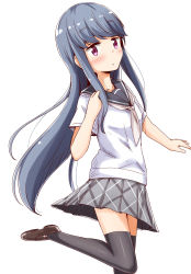 Rule 34 | 1girl, aikawa ryou, black thighhighs, blue hair, brown footwear, commentary request, expressionless, grey neckerchief, grey skirt, highres, loafers, long hair, looking at viewer, neckerchief, outstretched arm, plaid, plaid skirt, pleated skirt, purple eyes, sailor collar, school uniform, serafuku, shima rin, shirt, shoes, short sleeves, simple background, skirt, solo, standing, standing on one leg, thighhighs, white background, white shirt, yurucamp