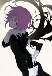 1other absurdres androgynous black_dress chinese_commentary commentary_request crona_(soul_eater) dress extra_arms highres long_sleeves looking_at_viewer looking_back pink_hair purple_eyes purple_hair short_hair simple_background smile solo soul_eater tuzaixia white_background