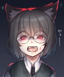 Rule 34 | 1girl, 1other, androgynous, animal ears, bad id, bad pixiv id, black vest, blood, blunt bangs, collared shirt, commentary request, fangs, fay (jinrou judgment), glasses, grey hair, jinrou judgment, looking at viewer, motion lines, open mouth, otokuyou, purple background, red eyes, round eyewear, saliva, shirt, sketch, slit pupils, solo, upper body, vest, wing collar, wolf ears