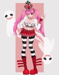 Rule 34 | 1girl, belt, boots, convenient leg, crown, devil fruit, female focus, full body, high heel boots, high heels, highres, horo horo no mi, index finger raised, lipstick, long hair, looking at viewer, makeup, one piece, perona, pink hair, red footwear, shiny skin, simple background, siokosho kinoko, solo, standing, twintails, white background, wide hips