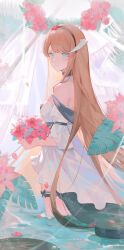 Rule 34 | 1girl, arknights, bare shoulders, black choker, blonde hair, blue eyes, bouquet, choker, closed mouth, commentary request, cowboy shot, dress, flower, from side, hair flower, hair ornament, highres, holding, holding bouquet, horns, long hair, looking at viewer, looking back, off-shoulder dress, off shoulder, official alternate costume, pink flower, saileach (arknights), saileach (summer flowers) (arknights), solo, thigh strap, tolu ya, very long hair, wading, water, white dress