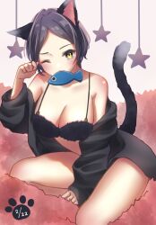 Rule 34 | 1girl, animal ears, ayn (ayn kau), bare legs, black shirt, breasts, cat ears, cat tail, cleavage, clothes pull, dated, fur bra, hayami kanade, highres, idolmaster, idolmaster cinderella girls, kneeling, large breasts, long sleeves, looking at viewer, mouth hold, nyan, one eye closed, open clothes, open shirt, parted bangs, paw print, shirt, shirt pull, short hair, solo, star (symbol), tail