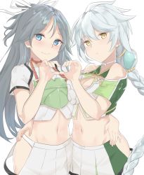 Rule 34 | 2girls, bad id, bad pixiv id, bare shoulders, black hair, blue eyes, braid, breasts, cleavage cutout, clothing cutout, crop top, hair ribbon, high ponytail, hip vent, japanese clothes, kantai collection, katsuragi (kancolle), large breasts, long hair, midriff, miniskirt, multiple girls, navel, pleated skirt, ponytail, ribbon, silver hair, simple background, single braid, skirt, tiasis, unryuu (kancolle), very long hair, white background, white ribbon, white skirt, yellow eyes