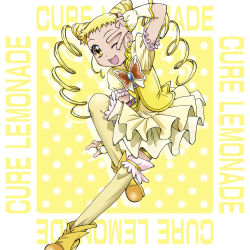 Rule 34 | 00s, 1girl, ;d, blonde hair, boo (takagi), brooch, character name, cone hair bun, cure lemonade, double bun, drill hair, fingerless gloves, full body, gloves, hair bun, highres, jewelry, kasugano urara (yes! precure 5), long hair, looking at viewer, magical girl, one eye closed, open mouth, precure, puffy sleeves, shoes, skirt, smile, solo, thighhighs, twin drills, yellow background, yellow eyes, yellow footwear, yellow skirt, yellow theme, yellow thighhighs, yes! precure 5, yes! precure 5 gogo!
