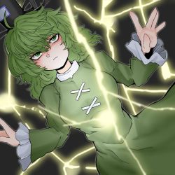 Rule 34 | 1girl, black background, black hat, breasts, closed mouth, cross-laced clothes, dress, electricity, fe (tetsu), green dress, green eyes, green hair, hat, long sleeves, looking at viewer, short hair, soga no tojiko, solo, tate eboshi, touhou