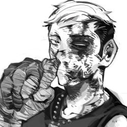 Rule 34 | 1boy, 22 (tak ja), bad id, bad pixiv id, bandages, bruise, bruised eye, dog tags, greyscale, injury, lowres, male focus, monochrome, scout (tf2), simple background, solo, team fortress 2, upper body, white background