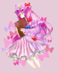 Rule 34 | 1girl, bad id, bad pixiv id, book, crescent, closed eyes, female focus, full body, hat, holding, patchouli knowledge, pink hair, ribbon, slash (syrh3ee), solo, toenails, toes, touhou