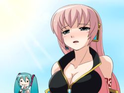 Rule 34 | 00s, 2girls, :3, = =, animated, animated gif, aqua hair, blue eyes, blush, breasts, cleavage, eating, food, hatsune miku, headphones, headset, heavy breathing, hot, large breasts, long hair, mameshiba (pixiv 59310), megurine luka, multiple girls, pink hair, popsicle, sun, sunlight, sweat, twintails, upper body, vocaloid