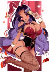Rule 34 | 1girl, alcohol, animal ears, bare shoulders, black hair, black vest, bow, bowtie, breasts, champagne, champagne flute, collared vest, colored inner hair, cup, dark-skinned female, dark skin, demon tail, detached collar, drinking glass, fishnet thighhighs, fishnets, framed breasts, head tilt, high heels, highleg, highleg leotard, highres, holding, holding cup, kano3, large breasts, leotard, long hair, looking at viewer, mole, mole under eye, multicolored hair, nijisanji, nijisanji en, parted bangs, parted lips, playboy bunny, rabbit ears, rabbit tail, red bow, red bowtie, red eyes, red footwear, red leotard, scarle yonaguni, shoes, skindentation, solo, sparkle, strapless, strapless leotard, tail, thigh strap, thighhighs, thighs, traditional bowtie, very long hair, vest, virtual youtuber, wavy hair, wrist cuffs