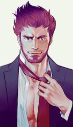 Rule 34 | 1boy, 2bro., adjusting clothes, adjusting necktie, bad id, bad pixiv id, facial hair, formal, hand up, long sleeves, looking at viewer, male focus, necktie, open clothes, open shirt, otoja, red hair, red necktie, shirt, solo, spiked hair, stubble, suit, white background, zangiri-head
