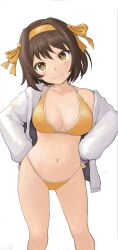 Rule 34 | 1girl, bikini, blush, breasts, brown hair, cleavage, closed mouth, collarbone, commentary, cowboy shot, gyupolo9, hair ribbon, hands on own hips, head tilt, highres, jacket, large breasts, long sleeves, looking at viewer, medium hair, navel, open clothes, open jacket, ribbon, simple background, smile, solo, standing, suzumiya haruhi, suzumiya haruhi no yuuutsu, swimsuit, white background, white jacket, yellow bikini, yellow ribbon