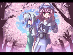 Rule 34 | 2girls, cherry blossoms, female focus, forest, hair between eyes, hand in own hair, hat, highres, konpaku youmu, letterboxed, mob cap, multiple girls, nature, outdoors, perfect cherry blossom, plant, saigyouji yuyuko, skirt, sky, touhou