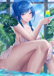 Rule 34 | 1girl, ahoge, azur lane, bad id, bad pixiv id, bare shoulders, blue hair, blue sky, blush, breasts, cleavage, cup, dress, drinking glass, grey dress, highres, holding, holding cup, large breasts, leaf, low tied hair, partially submerged, plant, purple eyes, revealing clothes, see-through, side ponytail, sidelocks, sky, smile, st. louis (azur lane), st. louis (luxurious wheels) (azur lane), thighs, water, wet, wet clothes, white dress, window, zakusey