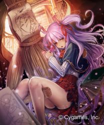 Rule 34 | 10s, 1girl, ahoge, bags under eyes, book, buruma, candle, capelet, d:, fire, hair ribbon, harada isuka, light purple hair, long hair, open mouth, pink hair, pleated skirt, red eyes, ribbon, school uniform, shingeki no bahamut, skirt, solo, twintails, two side up, very long hair, voodoo doll