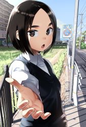 Rule 34 | 1girl, :o, black hair, blue sky, blush, brown eyes, collared shirt, commentary request, copyright request, day, eyelashes, forehead, grass, guard rail, highres, looking at viewer, open mouth, otoi rekomaru, outdoors, outstretched arm, parted bangs, railing, road, road sign, school uniform, shade, shirt, short hair, sign, sky, solo, street, sunlight, sweater vest, thick eyebrows, tree, upper body, utility pole, white shirt, wing collar