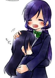 Rule 34 | 10s, 2girls, arm around waist, arms around waist, between breasts, blue hair, blush, bow, breasts, closed eyes, face between breasts, hand on another&#039;s head, head between breasts, headpat, hug, long hair, love live!, love live! school idol project, multiple girls, open mouth, otonokizaka school uniform, renzyou, school uniform, simple background, smile, sonoda umi, tojo nozomi, white background