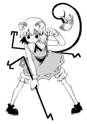Rule 34 | 1girl, animal ears, basket, bloomers, dowsing rod, dress, female focus, greyscale, kannazuki hato, monochrome, mouse (animal), mouse ears, mouse tail, nazrin, simple background, solo, tail, touhou, underwear