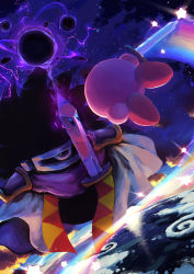 Rule 34 | absurdres, armor, battle, blue eyes, cape, commentary, copy ability, dark matter blade, darkness, earth (planet), highres, holding, holding sword, holding weapon, kirby, kirby&#039;s dream land 2, kirby (series), looking at another, nintendo, no humans, one-eyed, planet, purple eyes, purple scarf, rainbow, reflection, scarf, shoulder armor, sky, star (sky), star (symbol), starry sky, suyasuyabi, sword, twitter username, weapon, white cape