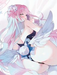 Rule 34 | 1girl, angel wings, ass, ayamy, bar censor, black leotard, blue archive, breasts, censored, fake tail, feathered wings, flower, from behind, hair bun, hair flower, hair ornament, halo, highres, large breasts, leotard, long hair, looking at viewer, looking back, mika (blue archive), pink hair, pink halo, purple flower, pussy, rabbit tail, single side bun, solo, strapless, strapless leotard, tail, white wings, wings, yellow eyes