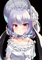 Rule 34 | 1girl, bat wings, beni kurage, black background, black wings, blue hair, blush, bonnet, bow, breasts, closed mouth, collarbone, commentary request, dress, gloves, hair between eyes, hand up, highres, looking at viewer, multicolored hair, off-shoulder dress, off shoulder, pointy ears, puffy short sleeves, puffy sleeves, purple hair, red eyes, remilia scarlet, short sleeves, simple background, small breasts, solo, touhou, two-tone hair, upper body, white bow, white dress, white gloves, white headwear, wings