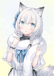 Rule 34 | 1girl, :o, animal ear fluff, animal ears, black sweater, blue bow, blue eyes, blush, bow, braid, capelet, commentary request, dress, fur scarf, grey hair, hair between eyes, hair bow, hands up, long hair, looking at viewer, original, parted lips, ribbed sweater, single braid, single wrist cuff, sleeveless, sleeveless turtleneck, solo, sweater, tail, turtleneck, turtleneck sweater, wataame27, white capelet, white dress, wrist cuffs