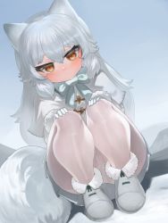 Rule 34 | 1girl, animal ears, arctic fox (kemono friends), blue bow, blue sky, boots, bow, brown eyes, capelet, closed mouth, commentary, day, dokomon, dutch angle, english commentary, fox ears, fox girl, fox tail, fur-trimmed boots, fur-trimmed sleeves, fur trim, gloves, grey footwear, grey hair, grey skirt, hair between eyes, highres, jacket, kemono friends, long sleeves, looking at viewer, outdoors, panties, panties under pantyhose, pantyhose, pleated skirt, skirt, sky, smile, solo, squatting, tail, underwear, white capelet, white gloves, white jacket, white panties, white pantyhose