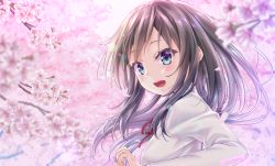 Rule 34 | 1girl, :d, asashio (kancolle), black hair, blue eyes, blurry, blush, cherry blossoms, commentary request, depth of field, floral background, gotou hisashi, hand up, highres, kantai collection, long hair, long sleeves, looking at viewer, neck ribbon, open mouth, petals, red ribbon, ribbon, shirt, smile, solo, solo focus, white shirt