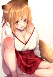 Rule 34 | 1girl, animal ear fluff, animal ears, arm up, bare legs, bare shoulders, barefoot, breasts, brown background, brown hair, chita (ketchup), cleavage, collarbone, commentary request, feet out of frame, fox ears, fox girl, fox tail, gradient background, highres, japanese clothes, kimono, knee up, large breasts, long hair, long sleeves, looking at viewer, mole, mole on thigh, original, pleated skirt, red eyes, red skirt, short eyebrows, signature, sitting, skirt, solo, tail, thick eyebrows, white background, white kimono, wide sleeves