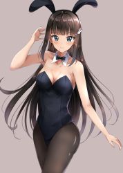 Rule 34 | 10s, 1girl, absurdres, animal ears, bare arms, bare shoulders, black bow, black bowtie, black hairband, black leotard, blue eyes, blush, bow, bowtie, breasts, brown background, brown hair, brown pantyhose, closed mouth, collar, collarbone, commentary request, detached collar, fake animal ears, hair ornament, hairband, hairclip, highres, kurosawa dia, leotard, long hair, love live!, love live! sunshine!!, medium breasts, mole, mole under mouth, pantyhose, playboy bunny, rabbit ears, rabbit hair ornament, simple background, sin (sin52y), smile, solo, standing, strapless, strapless leotard, very long hair, white collar