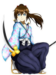 Rule 34 | 1girl, aqua eyes, aqua kimono, artist name, artist request, black hakama, blue eyes, blush, bow, breasts, brown hair, female focus, floating hair, floral print, flower print, full body, hair between eyes, hair bow, hakama, hakama skirt, highres, holding, holding sword, holding weapon, japanese clothes, kimono, long hair, long sleeves, looking at viewer, love live!, love live! nijigasaki high school idol club, osaka shizuku, parted lips, ponytail, red bow, sandals, sitting, skirt, small breasts, smile, socks, solo, sword, wavy hair, weapon, white bow, wide sleeves