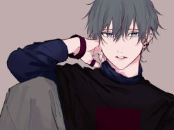 Rule 34 | 1boy, aoi ao, arm up, black shirt, blue shirt, bracelet, ear piercing, earrings, grey eyes, grey hair, hair between eyes, highres, jewelry, knee up, lips, long sleeves, looking at viewer, male focus, nose, nostrils, original, pants, parted lips, piercing, ring, shirt, short hair, simple background, single earring, sitting, solo, teeth