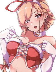 Rule 34 | 1girl, absurdres, alternate costume, bare shoulders, blonde hair, blush, bow, breasts, cleavage, collarbone, commentary request, cross-laced clothes, elbow gloves, fur-trimmed collar, fur trim, gloves, gokuu (acoloredpencil), hair ribbon, hairband, highres, knot, large breasts, lips, long hair, looking at viewer, open mouth, purple eyes, red bow, red tube top, ribbon, sidelocks, simple background, solo, standing, stomach, strapless, teeth, tongue, touhou, tress ribbon, tube top, upper body, upper teeth only, white background, white gloves, yakumo yukari