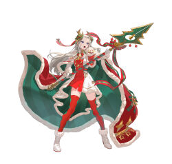 Rule 34 | 1girl, attack, blue eyes, cape, diamond print, dress, edelgard von hresvelg, edelgard von hresvelg (snowfall future), fake horns, fire emblem, fire emblem: three houses, fire emblem heroes, gloves, green cape, high heels, holding, holding polearm, holding weapon, horns, long hair, multicolored clothes, multicolored dress, nintendo, official alternate costume, official art, open mouth, polearm, red cape, red dress, red thighhighs, solo, teffish, thighhighs, v-shaped eyebrows, weapon, white dress, white footwear, white gloves, white hair