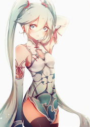 Rule 34 | 1girl, armpits, bananaxcs7, bare shoulders, black thighhighs, blush, breasts, china dress, chinese clothes, cleavage cutout, clothing cutout, detached sleeves, dress, green eyes, green hair, hair ornament, hatsune miku, long hair, looking at viewer, md5 mismatch, open mouth, project diva (series), project diva f, resolution mismatch, simple background, sketch, small breasts, solo, source larger, standing, thighhighs, twintails, very long hair, vocaloid, white background, world&#039;s end dancehall (vocaloid)