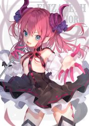 Rule 34 | 1girl, asymmetrical horns, black dress, blue eyes, character name, cowboy shot, detached sleeves, dress, elizabeth bathory (fate), elizabeth bathory (fate/extra ccc), elizabeth bathory (first ascension) (fate), fate/grand order, fate (series), flat chest, hair ribbon, highres, holding, holding microphone, horns, legs apart, long hair, looking at viewer, microphone, moriyama meiko, music, open mouth, pink hair, purple ribbon, ribbon, singing, solo, standing, tail, uneven horns, white sleeves