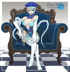 Rule 34 | 10s, 1girl, beco, blue eyes, blue hair, blue rose (tiger &amp; bunny), blue theme, boots, breasts, chair, character name, checkered floor, cleavage, copyright name, earrings, elbow gloves, floor, gloves, gun, hat, high heels, jewelry, karina lyle, large breasts, crossed legs, lipstick, makeup, matching hair/eyes, shoes, sitting, solo, superhero costume, thigh boots, thighhighs, tiger &amp; bunny, weapon