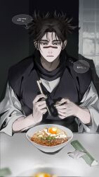 Rule 34 | 1boy, black hair, bowl, brown eyes, chopsticks, choso (jujutsu kaisen), egg (food), english text, facial tattoo, food, highres, holding, holding chopsticks, japanese clothes, jip, jujutsu kaisen, long sleeves, male focus, parted lips, rice, short twintails, sitting, solo, speech bubble, tattoo, twintails, upper body