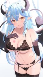 Rule 34 | 1girl, :p, absurdres, ahoge, black bra, black gloves, black horns, black panties, black tail, black thighhighs, black wings, blue hair, blush, bra, breast tattoo, breasts, collarbone, cowboy shot, curled horns, demon horns, demon tail, demon wings, elbow gloves, flower, front-tie bra, garter belt, garter straps, gloves, hair flower, hair ornament, hairclip, half updo, heart, heart ahoge, heart tattoo, highres, hololive, horns, lace, lace-trimmed bra, lace-trimmed legwear, lace-trimmed panties, lace trim, large breasts, light blue hair, lingerie, long hair, looking at viewer, multicolored hair, navel, panties, pointy ears, solo, starfox1015, streaked hair, tail, tattoo, thighhighs, tongue, tongue out, two-tone hair, underwear, underwear only, very long hair, virtual youtuber, wings, yellow eyes, yukihana lamy