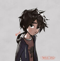 Rule 34 | 1boy, artist name, big hero 6, black eyes, child, commentary request, grey background, highres, hiro hamada, hood, hooded jacket, jacket, male focus, messy hair, mouth hold, red shirt, shiogochi, shirt, simple background, solo, upper body